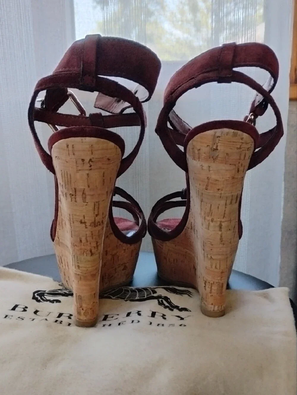 Burberry Burgundy Suede Cork Wedge Sandals